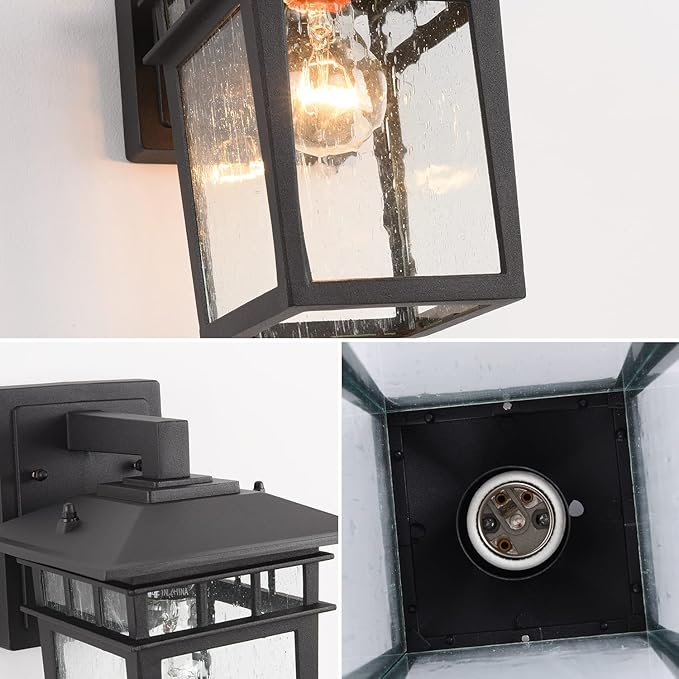 Outdoor Wall Lantern, Exterior Lighting Fixtures Wall Mount, 2 Pack Black Outdoor Sconce with Seeded Glass, Exterior Porch/Patio Lights for House Front Door Garage-VerdiqueGarden