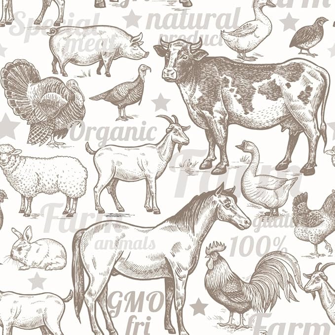 Boho Rustic Farm Animals Cow Rooster Horse Turkey Peel and Stick Wallpaper Self Adhesive Removable Easy Peel Off Stick on Wall Paper for Bedroom Cabinet Renter-VerdiqueGarden