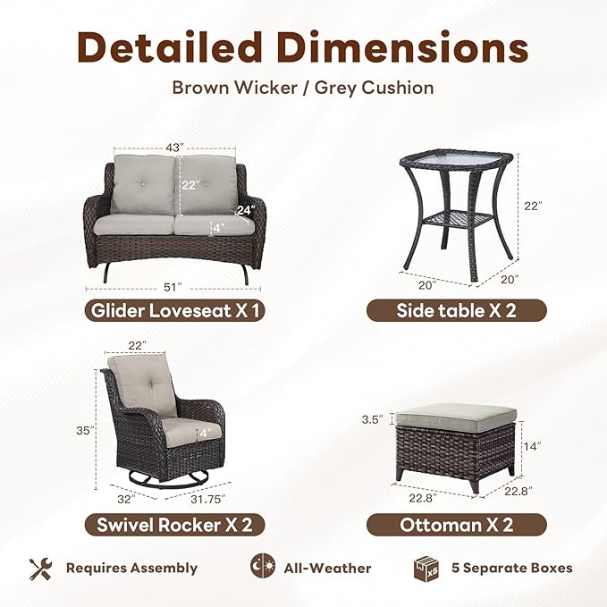 Outdoor Patio Furniture Set - 7 Piece Brown Wicker Conversation Patio Furniture Set All Weather Swivel Chairs with Ottoman and Loveseat Glider Chair for Deck Balcony Backyard-VerdiqueGarden