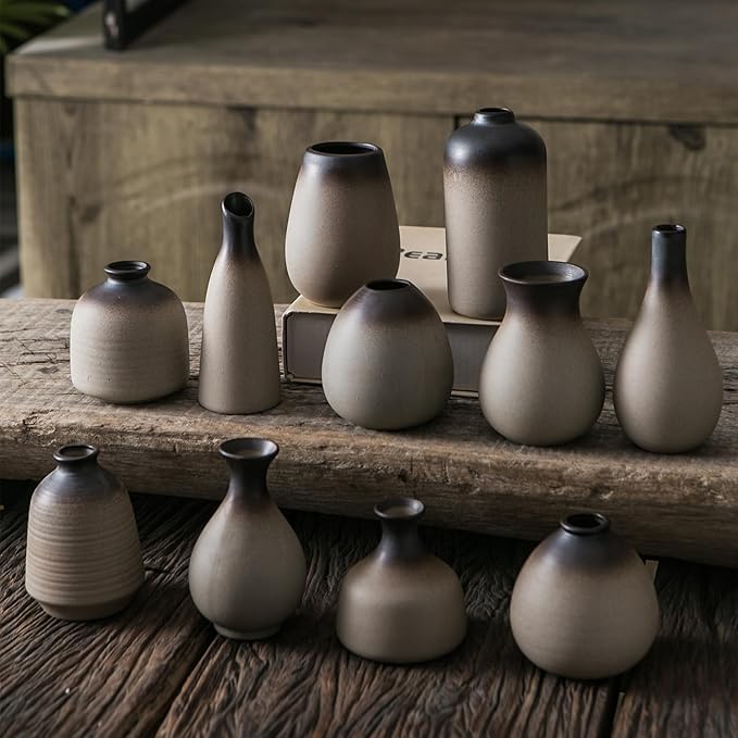 JOJUNO Rustic Bud Vase, Ceramic Small Vase Set of 11, Mini Vases for Fresh and Dried Flowers, Modern Farmhouse Home Decor, Pottery Vases for Living Room, Shelves, Centerpieces for Dining Table-VerdiqueGarden