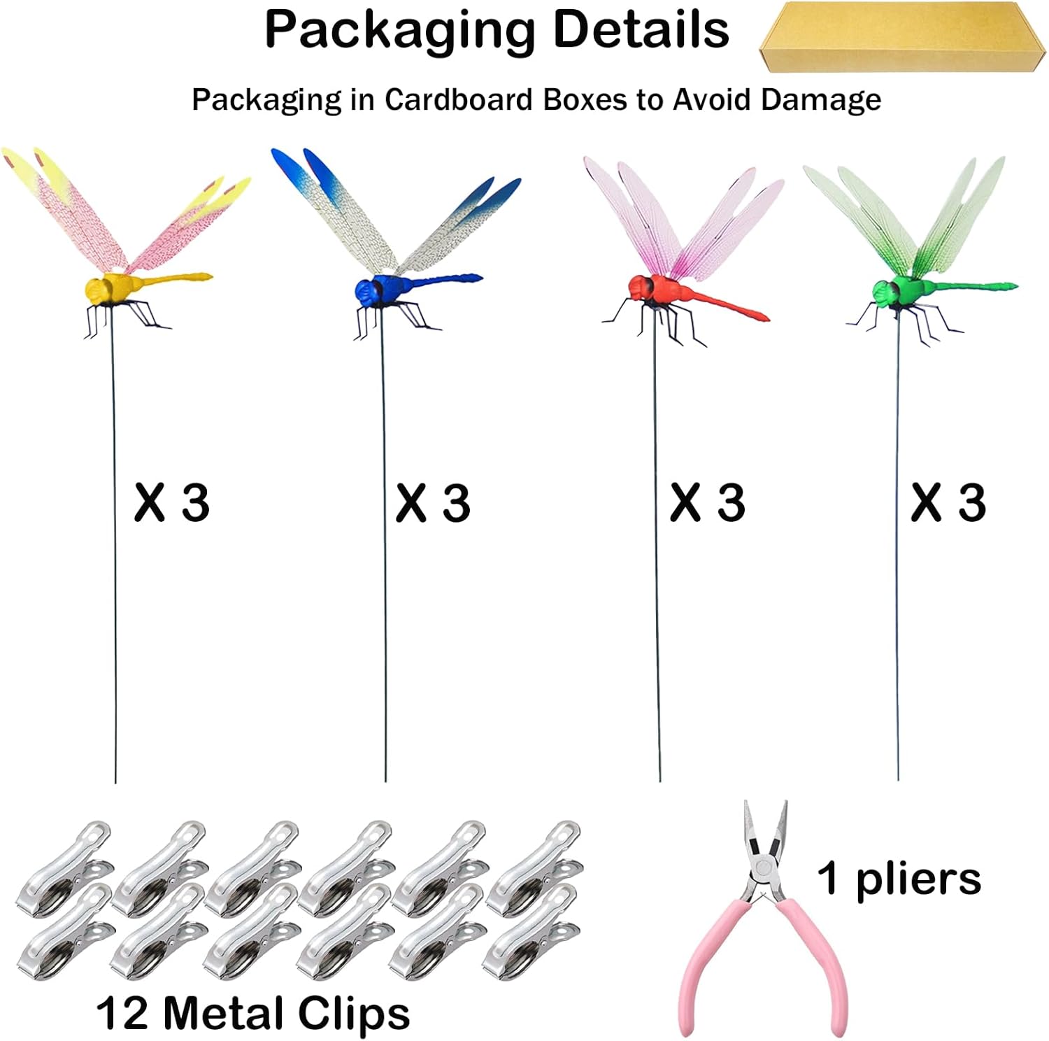 Jongdari 12 Sets Dragonfly Hat Clip Realistic Fake Dragonflies Clip-On Garden Outdoor Decor Stakes Plastic Dragon Fly Clips Plant Decorations for Pots, Includes Pliers & Clips-VerdiqueGarden
