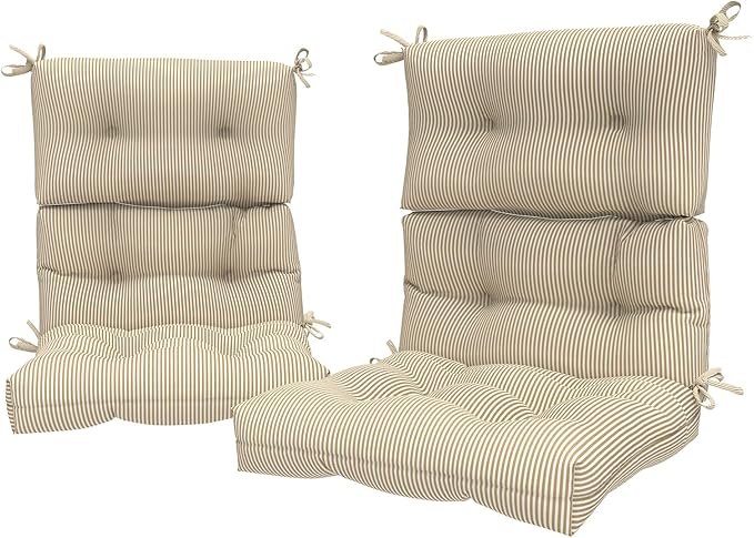 LVTXIII Outdoor Seat and Back Chair Cushion Patio Tufted High Back Cushion with Ties, Seasonal Replacement Rocking Chair Cushion for Home Office Garden Use, 44” L x 22” W, Set of 2, Stripe Beige-VerdiqueGarden