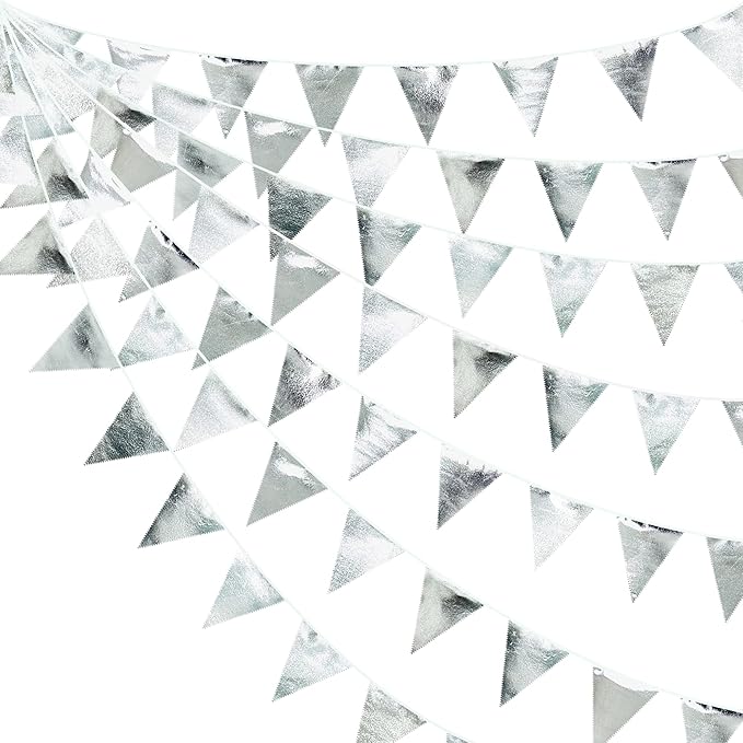 Silver Party Decorations Metallic Fabric Triangle Pennant Banner Silver Flag Bunting Garland for Graduation Birthday Wedding Bridal Shower Anniversary Engagement Bachelorette Party Decoration Supplies-VerdiqueGarden