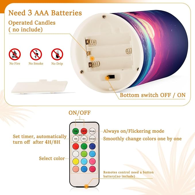 Flickering Flameless Candles, Palm Tree Beach Tropical LED Candles with Remote Timer, Set of 2 Battery Operated Candle for Valentine Wedding Birthday-VerdiqueGarden