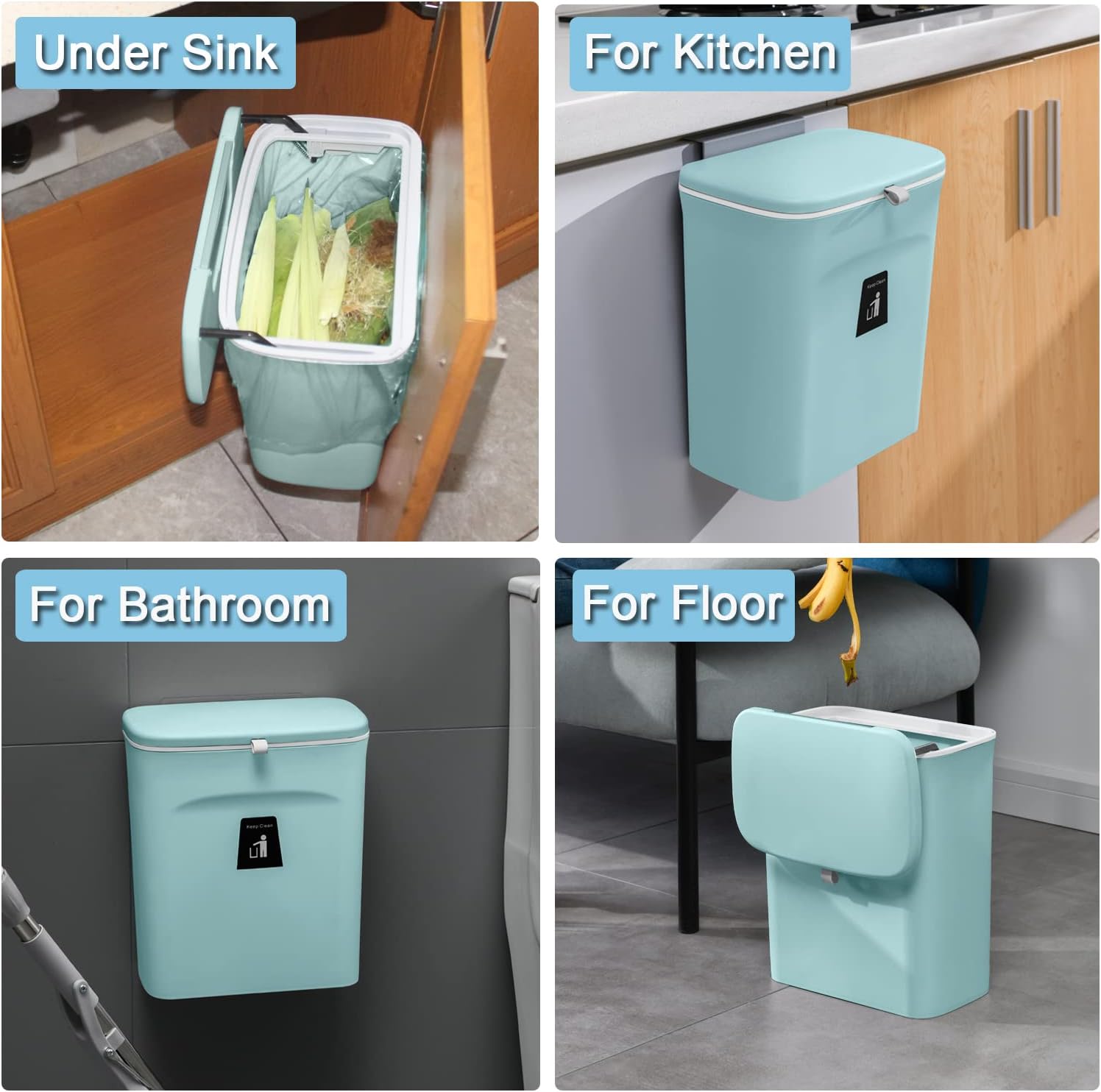 Tiyafuro 2.4 Gallon Kitchen Compost Bin for Counter Top or Under Sink, Hanging Small Trash Can with Lid for Cupboard/Bathroom/Bedroom/Office/Camping, Mountable Indoor Compost Bucket (Blue)-VerdiqueGarden