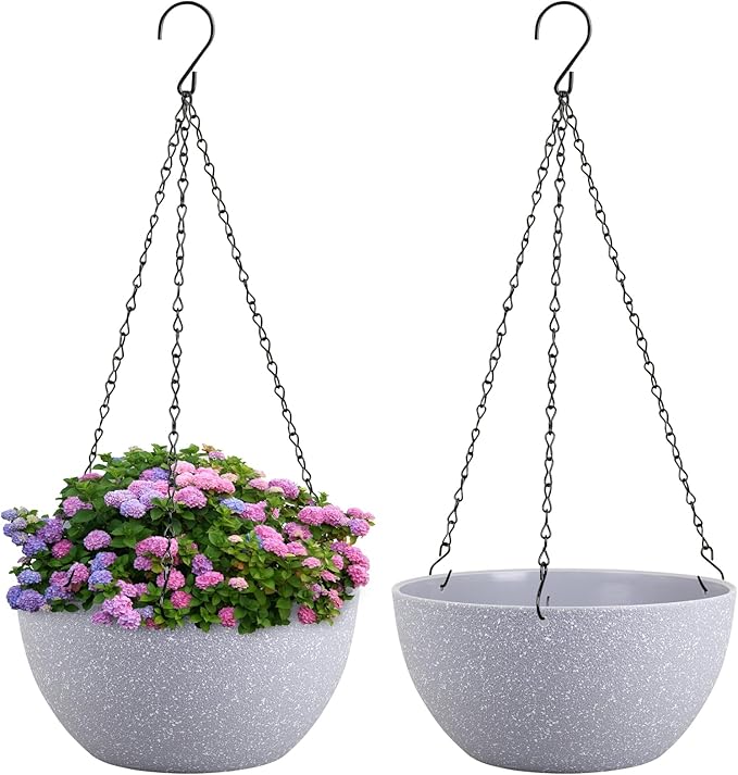 10 inch Hanging Planters for Indoor Outdoor Plants, 2 Pack Hanging Flower Pots with Drainage Holes and Chain for Garden Porch, Plastic Hanging Baskets for House Plants, Speckled Grey-VerdiqueGarden