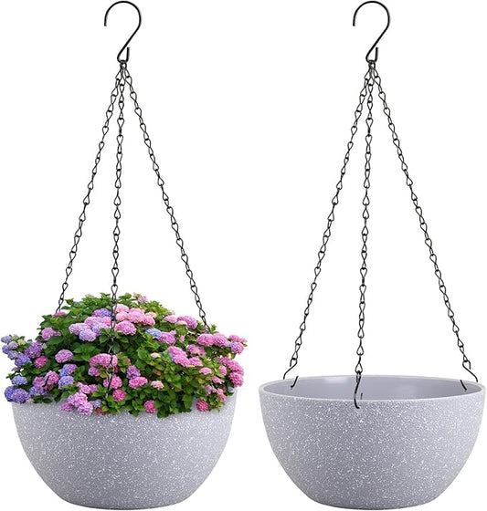 10 inch Hanging Planters for Indoor Outdoor Plants, 2 Pack Hanging Flower Pots with Drainage Holes and Chain for Garden Porch, Plastic Hanging Baskets for House Plants, Speckled Grey-VerdiqueGarden