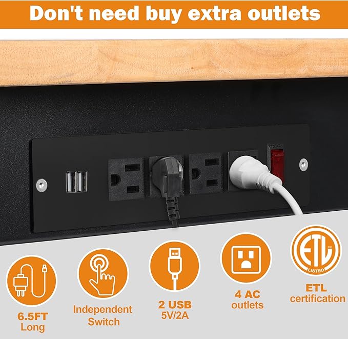 60" Adjustable Workbench for Garage, Rubber Wood Heavy Duty Workstation with Power Outlets & Wheels, 2000 LBS Load Capacity Hardwood Worktable for Workshop, Garage, Office, Home, Commercial-VerdiqueGarden