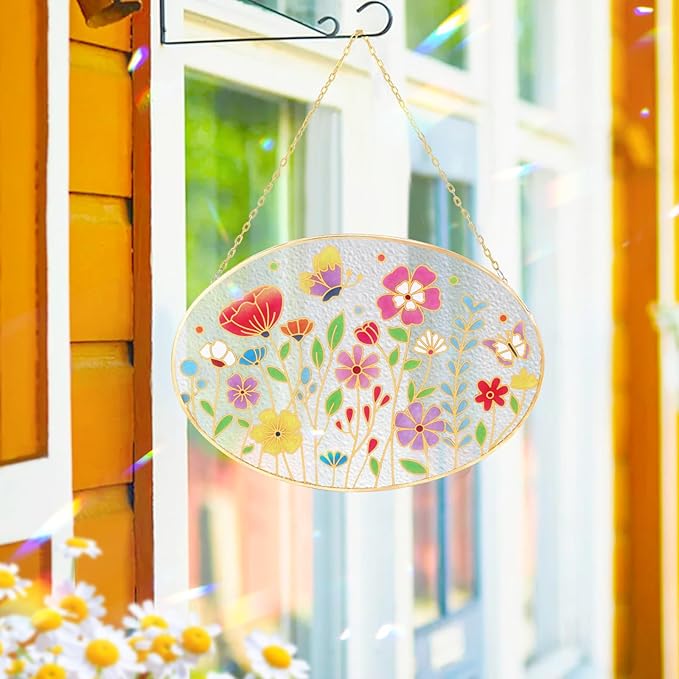 Tuitessine Wild Flower Stained Glass Suncatcher Colorful Flowers Window Wall Hanging Ornament Indoor Hand-Painted Glass Panel Spring Decor Mother’s Day Teacher Appreciation Gift 9.5" x 6.7"-VerdiqueGarden