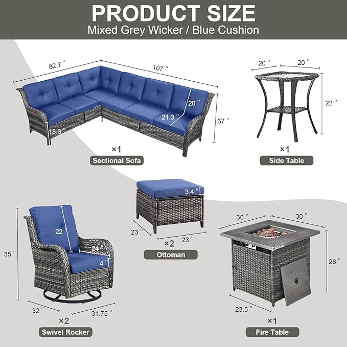 Outdoor Sectional Furniture Sofa Set with Propane Fire Pit Table, Wicker Patio Conversation Set with 2 Swivel Rocker Glider Chairs Blue Cushion Perfect for Backyard Casual Gathering-VerdiqueGarden