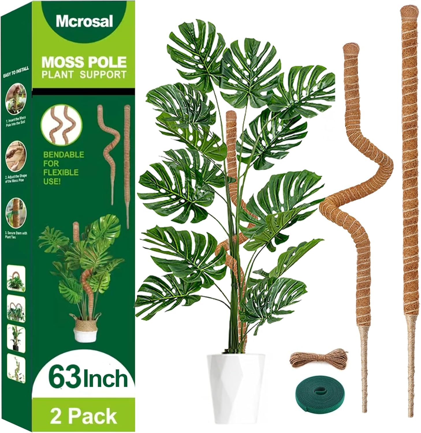 2 Pack 63'' Bendable Moss Pole Monstera Plant Support for Indoor Climbing Plants, Tall Plant Stick Support Stake for Potted Plants, Pothos, Philodendron-VerdiqueGarden