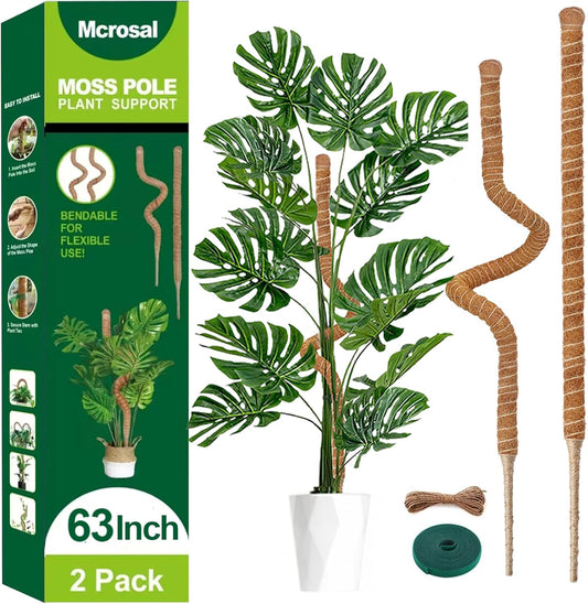 2 Pack 63'' Bendable Moss Pole Monstera Plant Support for Indoor Climbing Plants, Tall Plant Stick Support Stake for Potted Plants, Pothos, Philodendron-VerdiqueGarden