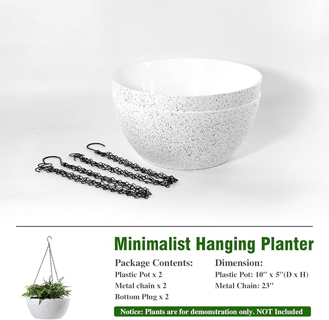 10 inch Hanging Planters for Outdoor Indoor Plants with Drainage Holes and Chain, 2 Pack Round Hanging Flower Plant Pots for Garden Home Porch Decor, Speckled White-VerdiqueGarden