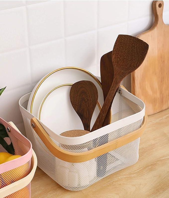 Metal Mesh Steel Basket, Storage Organizer Basket Multi-functional Hanging Kitchen Baskets Fruit Basket Bin with Bamboo Handle for Kitchen Bathroom Picnic Shopping Decor Cabinet Home, White-VerdiqueGarden