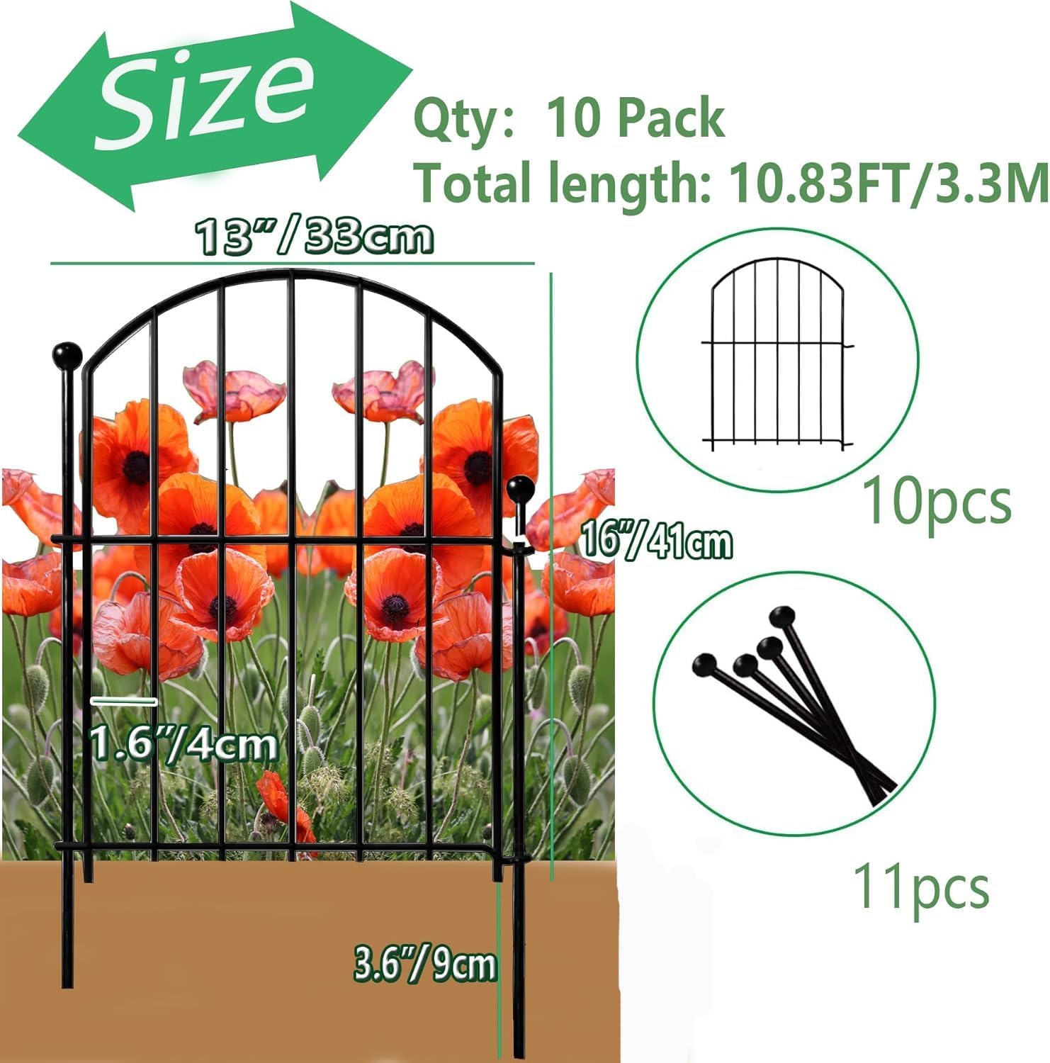 Decorative Garden Fence 21in x10.8ft, 10 Pack Rustproof Metal No Dig Fence Animal Barrier for Dog, Arched Flower Bed Edging Ornamental Wire Border Panel Fencing (Arch)-VerdiqueGarden