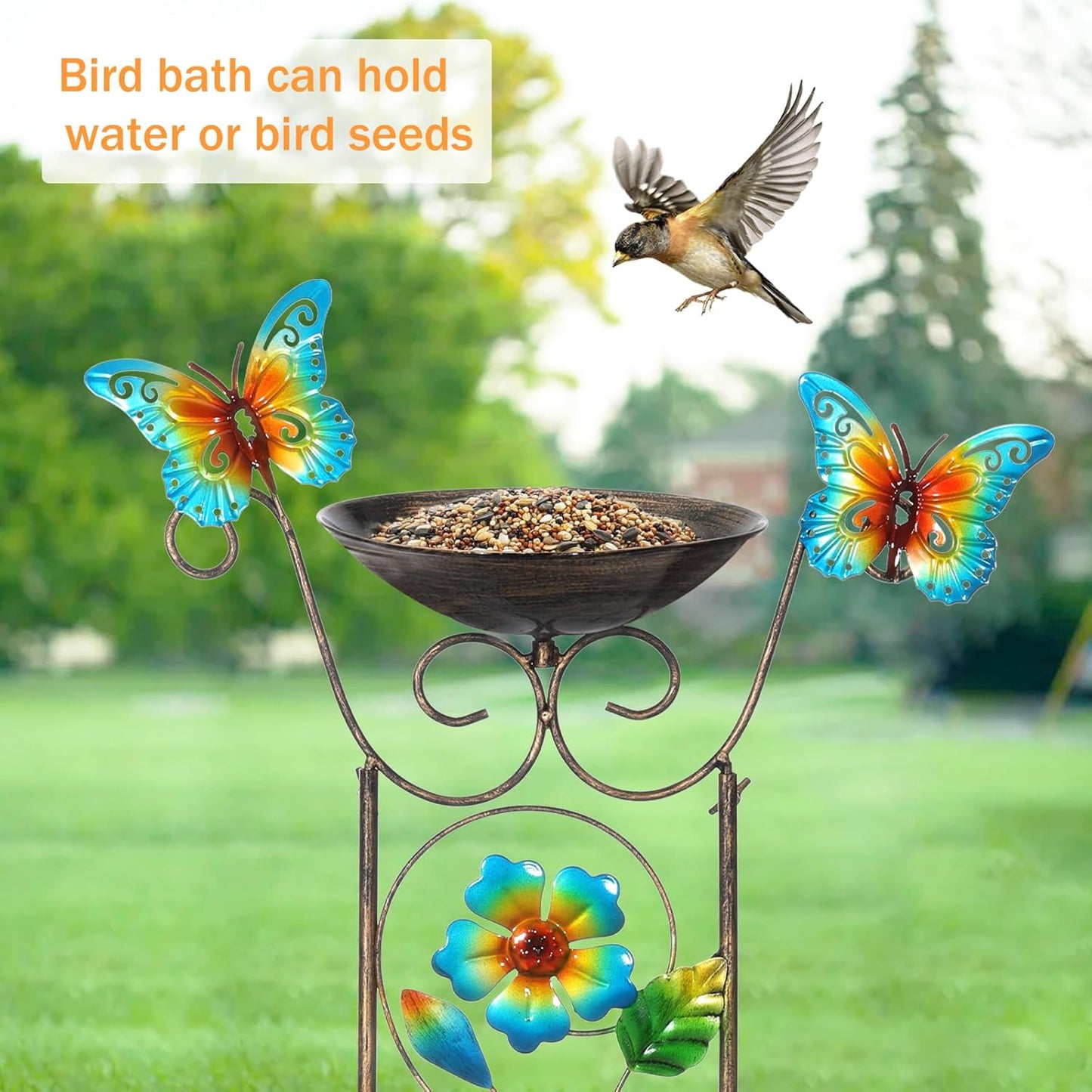 LEWIS&WAYNE Garden Trellis Bird Bath Outdoor, 40 Inch Antique Iron Garden Plant Trellis Decorative with Floral-Butterflies and Detachable Drinking Basin Bowl, Free Standing BirdBath Birdfeeder Station-VerdiqueGarden