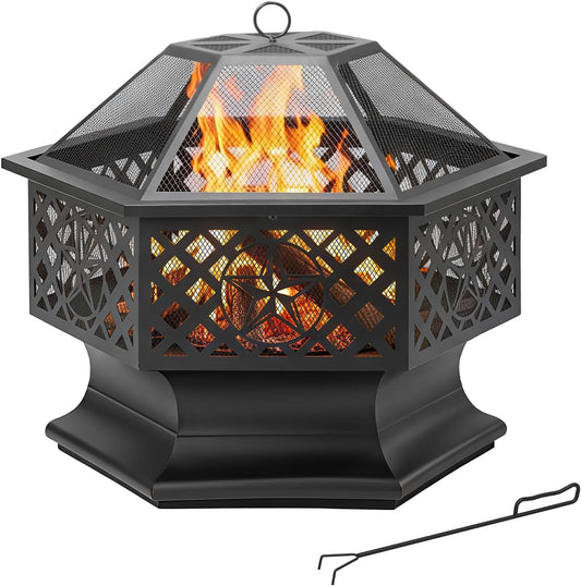 28 Inch Hexagonal Fire Pit,Wood Burning Firepits for Outside with Spark Screen&Poker,Metal Hex-Shaped Outdoor Fire Pit for Outside,Backyard,Bonfire,Patio,Garden,Picnic and Camping（Black）-VerdiqueGarden