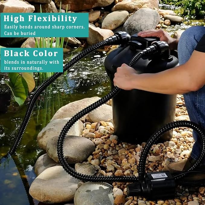 Pond Tubing ID 1 1/4” × 10ft Black Corrugated Flexible Reinforced Waterfall Pond Tube Sump Pump Hose, Non-toxic & Kinkproof (10 ft, 1 1/4" ID)-VerdiqueGarden