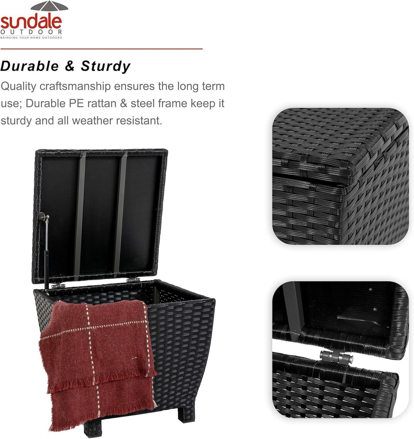 Sundale Outdoor Small Deck Storage Box with Lid, 13 Gallon Small Outdoor Bin Storage Container for Hose Cushions Towels, Patio Black Side Wicker Table with Storage-Steel, Rattan, Square-VerdiqueGarden