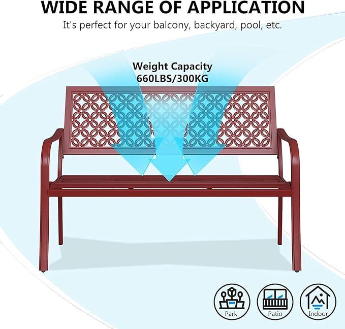 Grand patio 50" Outdoor Bench Garden Bench with Armrests Bench for Outdoors Lawn Yard Porch Red-VerdiqueGarden