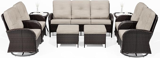 Joyside 9 Piece Patio Furniture Set, Outdoor Wicker Conversation Sets with Swivel Rocker Chairs and Sofa, Thick Cushion, Rattan Patio Sectional for Porch, Deck Use (Brown/Beige, 9 PCS)-VerdiqueGarden