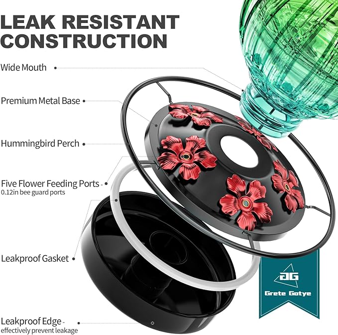 Glass Hummingbird Feeder for Outdoors Hanging, Bird Nectar Feeder with Perch & 5 Flower Feeding Ports, 26 Oz Leak Proof for Outside Garden Decor Backyard, Gifts for Women Mom, Green & Blue-VerdiqueGarden