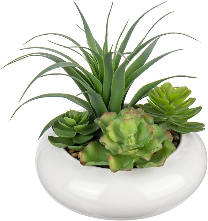 Large Artificial Succulents Plants Faux Succulents in Pots Fake Succulent Arrangement Potted Plants with White Ceramic Pot for Office Desk Bathroom Shelf Living Room Indoor & Outdoor Home Decor-VerdiqueGarden