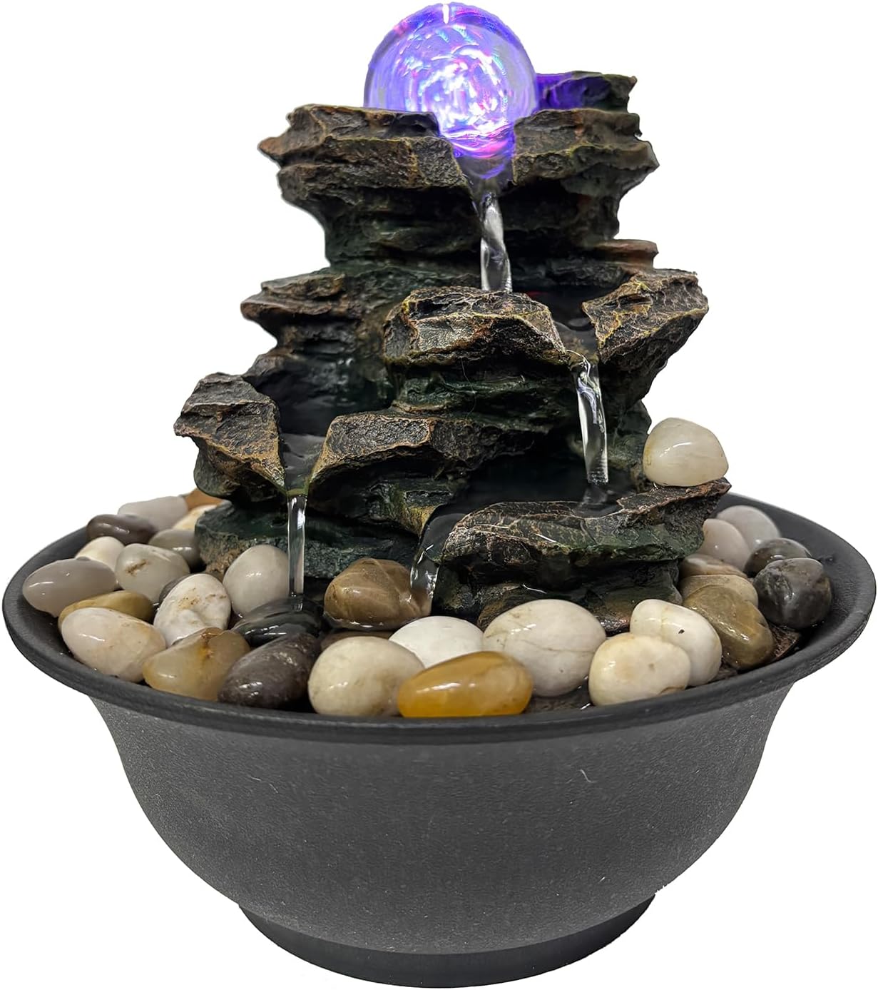 Rock Cascading Tabletop Fountain with Spinning Ball, Zen Meditation Indoor Waterfall Feature with LED Light for Home Office Bedroom-VerdiqueGarden