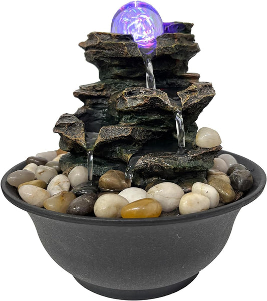 Rock Cascading Tabletop Fountain with Spinning Ball, Zen Meditation Indoor Waterfall Feature with LED Light for Home Office Bedroom-VerdiqueGarden