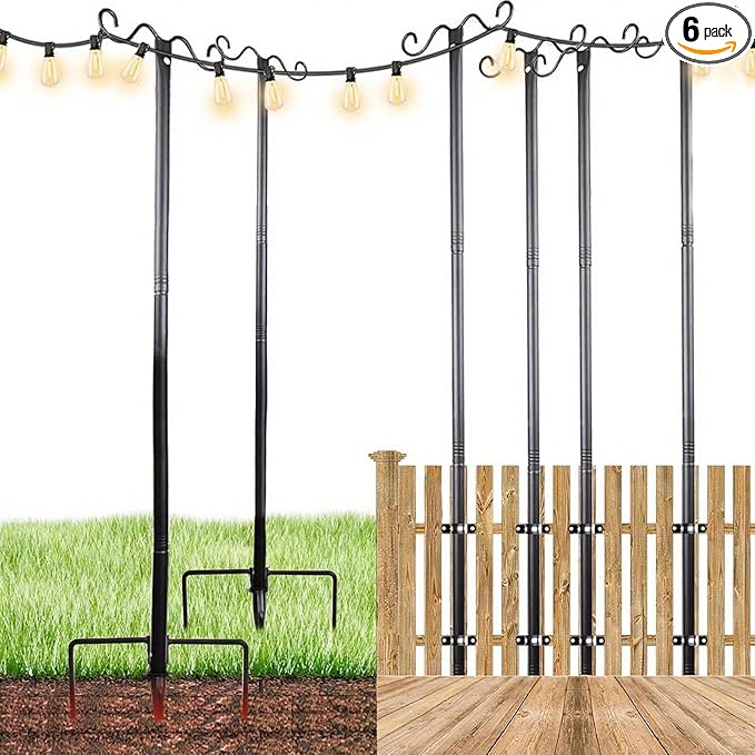Lightdot Outdoor String Light Poles, 9FT Metal Patio Light Poles Post for Outside with Fork for Outside Hanging Backyard Garden, Deck Lighting Stand for Parties, Wedding, Halloween Decor -6Pack-VerdiqueGarden