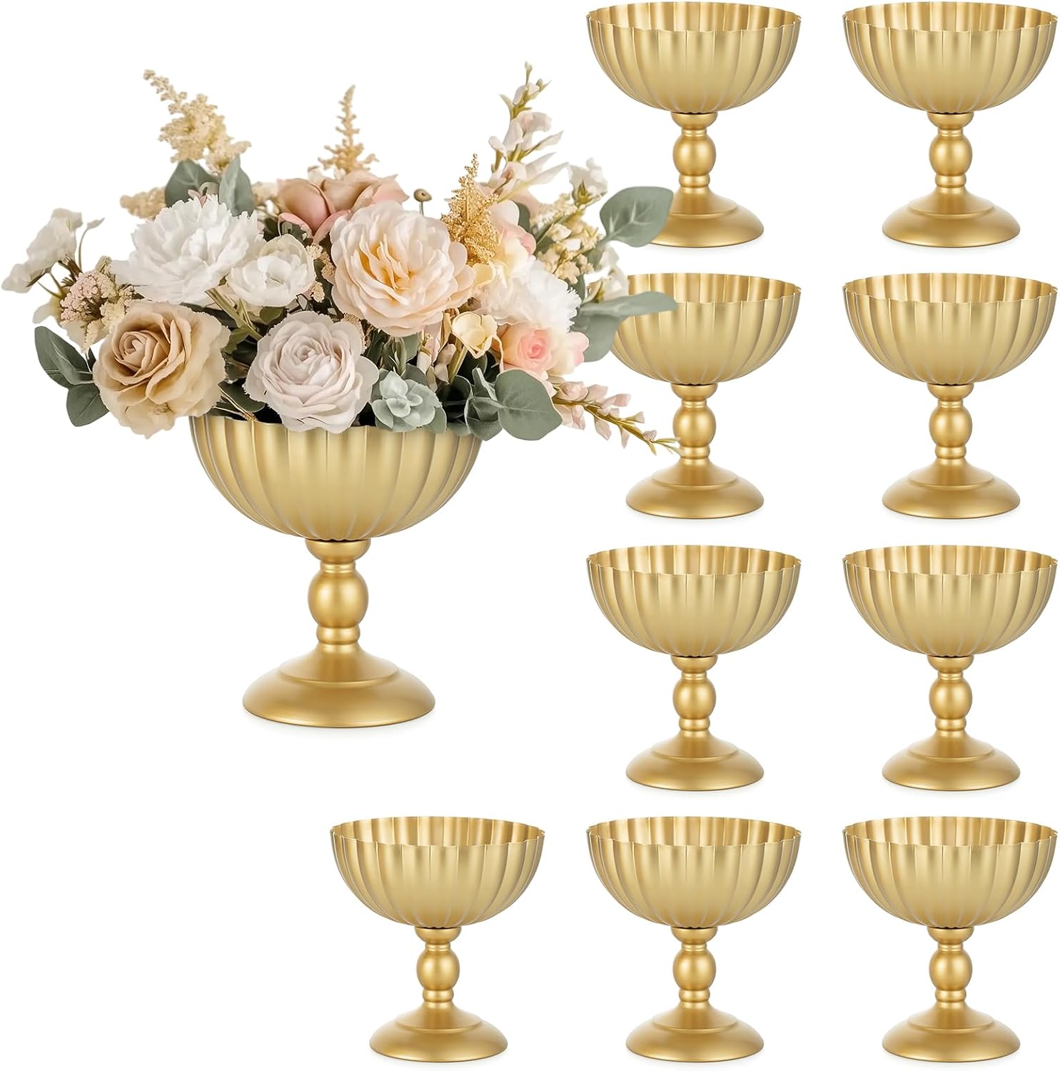 Sziqiqi Urn Vase for Wedding Centrepiece: 7.9in Gold Compote Bowl Vase Table Decorations - Floral Arrangement Pots Set of 10 - Metal Decorative Vases for Party Reception Dinner Table-VerdiqueGarden