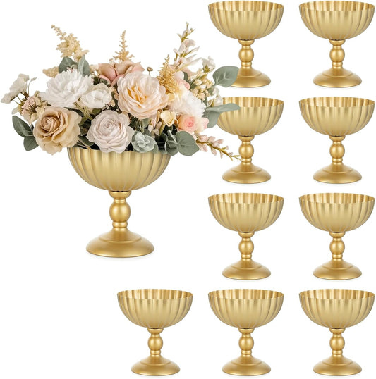 Sziqiqi Urn Vase for Wedding Centrepiece: 7.9in Gold Compote Bowl Vase Table Decorations - Floral Arrangement Pots Set of 10 - Metal Decorative Vases for Party Reception Dinner Table-VerdiqueGarden