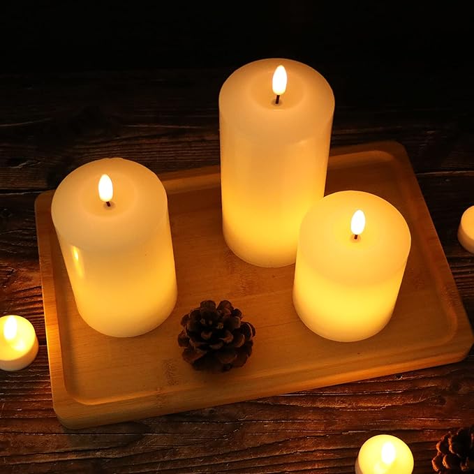 Battery Operated Flameless Candles with 3D Flickering Flame Wick, LED Pillar Candles with Remote Timer, Pack of 3 Real Wax Candles for Wedding Home Decor(White)-VerdiqueGarden