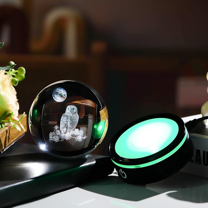 YWHL 3D Owl Figurine Crystal Ball With Colorful Light Base, Gifts for Women Men Lovers on Christmas Birthday, Laser Engraved Sphere Glass Ball for Home Office Decoration (80mm)-VerdiqueGarden