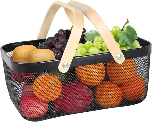Garden Harvest Basket,Delicate Harvest Basket for Garden Vegetables,Practical Metal Mesh Wire Basket with Handle Suitable for Bathroom,Cabinet,Kitchen(Black)-VerdiqueGarden