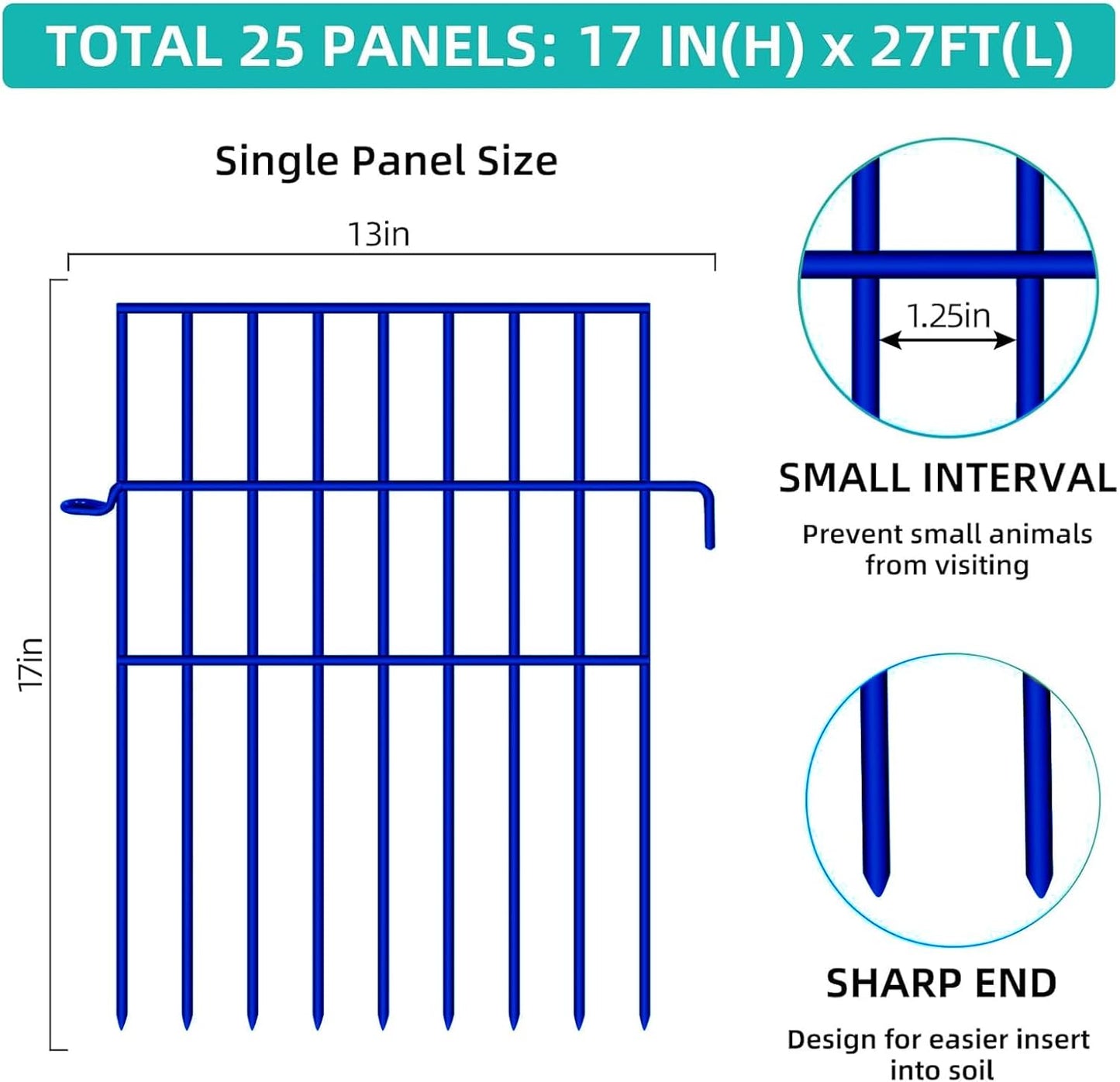 Animal Barrier Fence, 25 Panels No Dig Fences, 17in(H) X 27ft(L) Garden Fence Animal Barrier for Rabbits and Dog Under Fencing Barrier, Rustproof Metal Fences Border for Outdoor, Yard, Patio-VerdiqueGarden