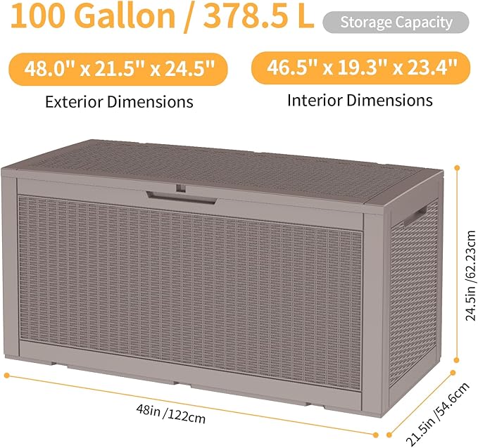 DRATO 100 Gallon Large Deck Box, Outdoor Storage Box for Patio Furniture, Patio Cushions, Gardening Tools, Pool Supplies,660lbs Weight Capacity,Waterproof Resin Storage Boxes-VerdiqueGarden