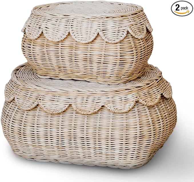 BEBE BASK The Original Scalloped Basket Set Of 2 – Small Scallop Basket - 15 x 10 x 6 In - Hand-Woven & Award-Winning - Elegant Wicker With Scalloped Edge Lid - Nursery Storage - (Natural)-VerdiqueGarden