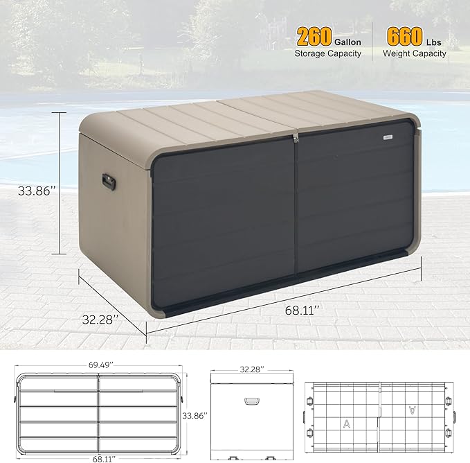 Domi 260 Gallon Resin Deck Box, Waterproof & UV-Resistant Outdoor Large Storage Box Lockable Storage Bin for Patio Cushions Pool Supplies Garden Tools and Delivery Storage-VerdiqueGarden