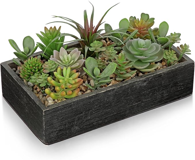 Artificial Succulent Plants in Pot 10 Inch Fake Succulent Arrangement Potted Succulents Plants Centerpiece in Rectangular Wooden Planter for Home Office Desk Shelf Living Room Bedroom Farmhouse Decor-VerdiqueGarden