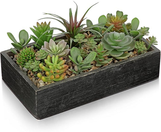 Artificial Succulent Plants in Pot 10 Inch Fake Succulent Arrangement Potted Succulents Plants Centerpiece in Rectangular Wooden Planter for Home Office Desk Shelf Living Room Bedroom Farmhouse Decor-VerdiqueGarden