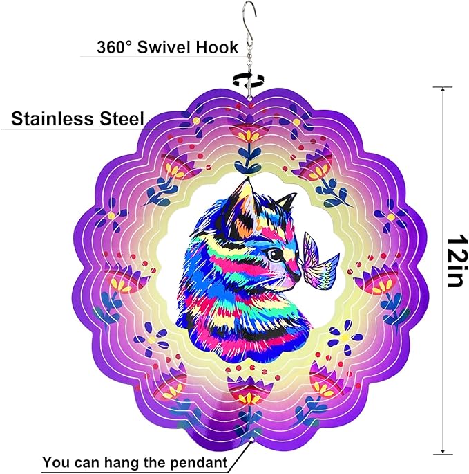 Cat Wind Spinners 3D Hanging Wind Spinner Cat Ornament Gifts for Women Mom Grandma,12inch Metal Wind Kinetic Sculpture for Outdoor&Indoor Decor, Yard Art, Garden Decoration-VerdiqueGarden