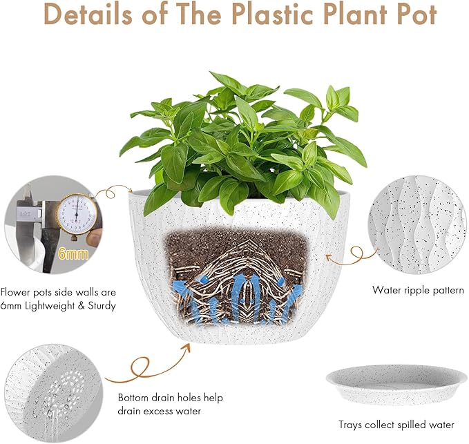 12 Inch Wide Water Ripples Flower Pots for Indoor or Outdoor Plants, Large Plant Pots with Drainage Holes & Saucer, Plastic Planters Set for Garden & Home Decor (White with Black Speckles)-VerdiqueGarden