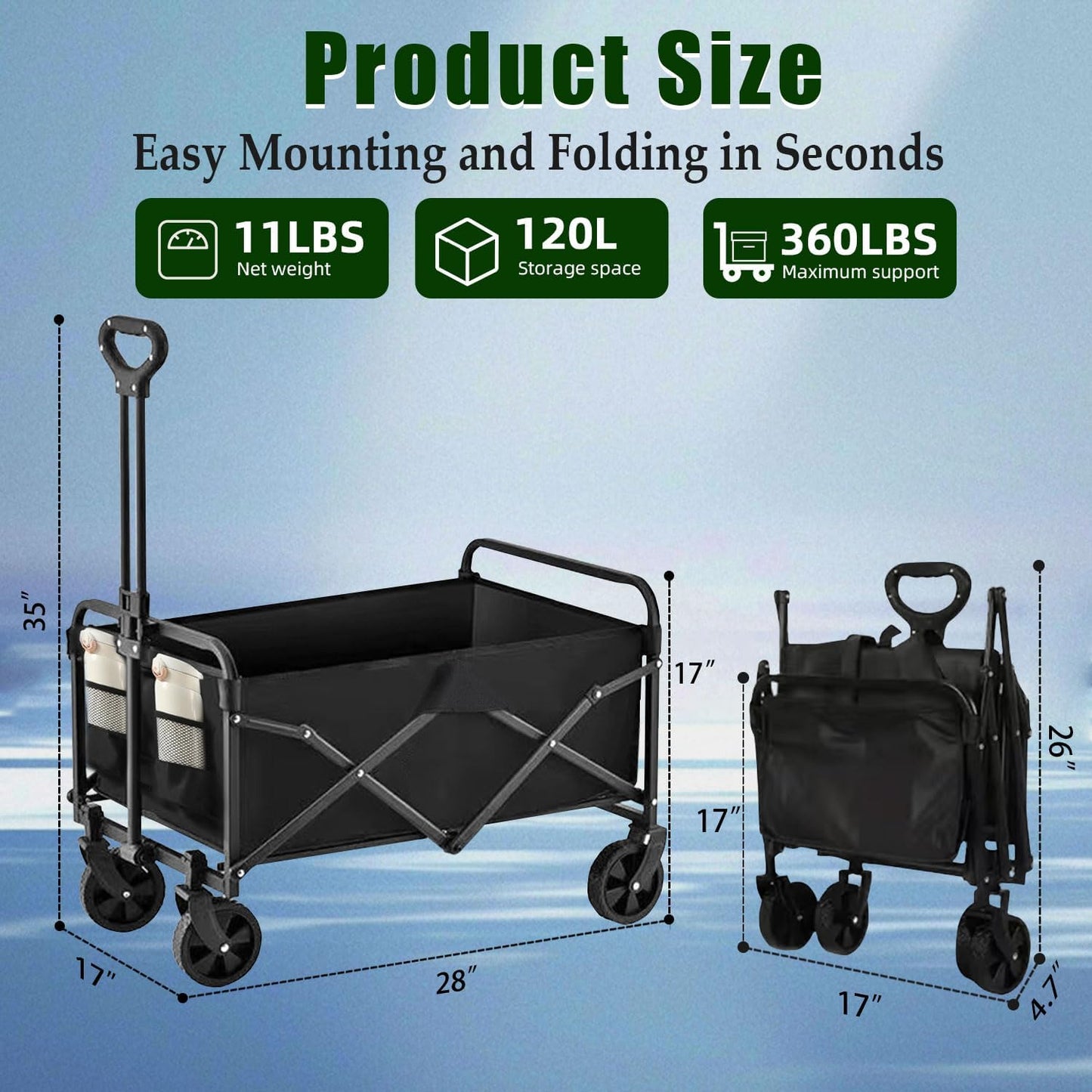 Collapsible Wagon Cart Foldable 360lbs Capacity, Lightweight Portable Beach Wagon, Shopping Carts with Wheels for Grocery, Camping, Shopping, Beach, Fishing, Garden Cart-VerdiqueGarden