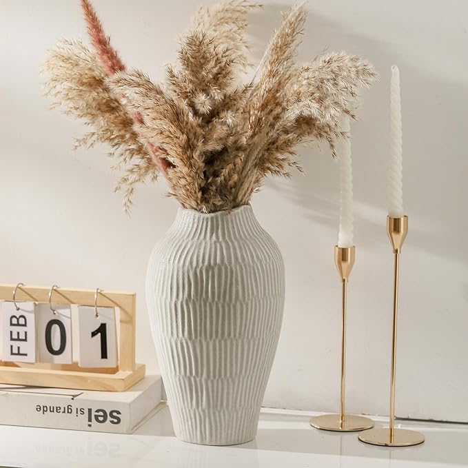 Ceramic Vase for Home Decor,11.6 Inch Flower Vases,Decorative Blue Vase for Pampas Grass,Modern Art Texture Vases for Home Entryway Living Room Dining Table Farmhouse Office Decor(Grey)-VerdiqueGarden