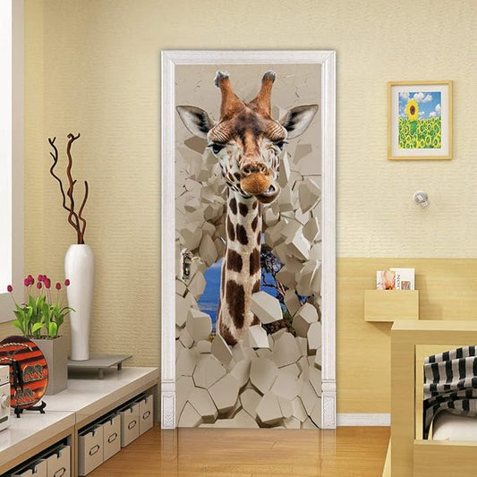 Giraffe 3D Door Sticker Mural - Waterproof PVC, Peel & Stick, Removable, Self-Adhesive Decals for Bedroom, Living Room Decoration - 30.3 x 78.7 inch-VerdiqueGarden