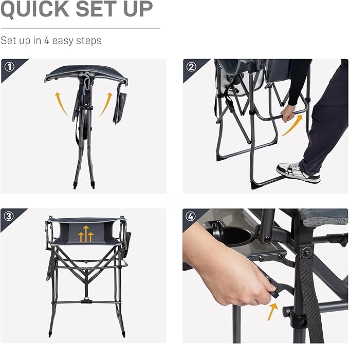 EVER ADVANCED Portable 30.7" Seat Height Tall Folding Camping Chair Directors Chair High Foldable Bar Stool with Side Table for Makeup Artist, Sports Event, Craft Show, Supports 350LBS Grey-VerdiqueGarden