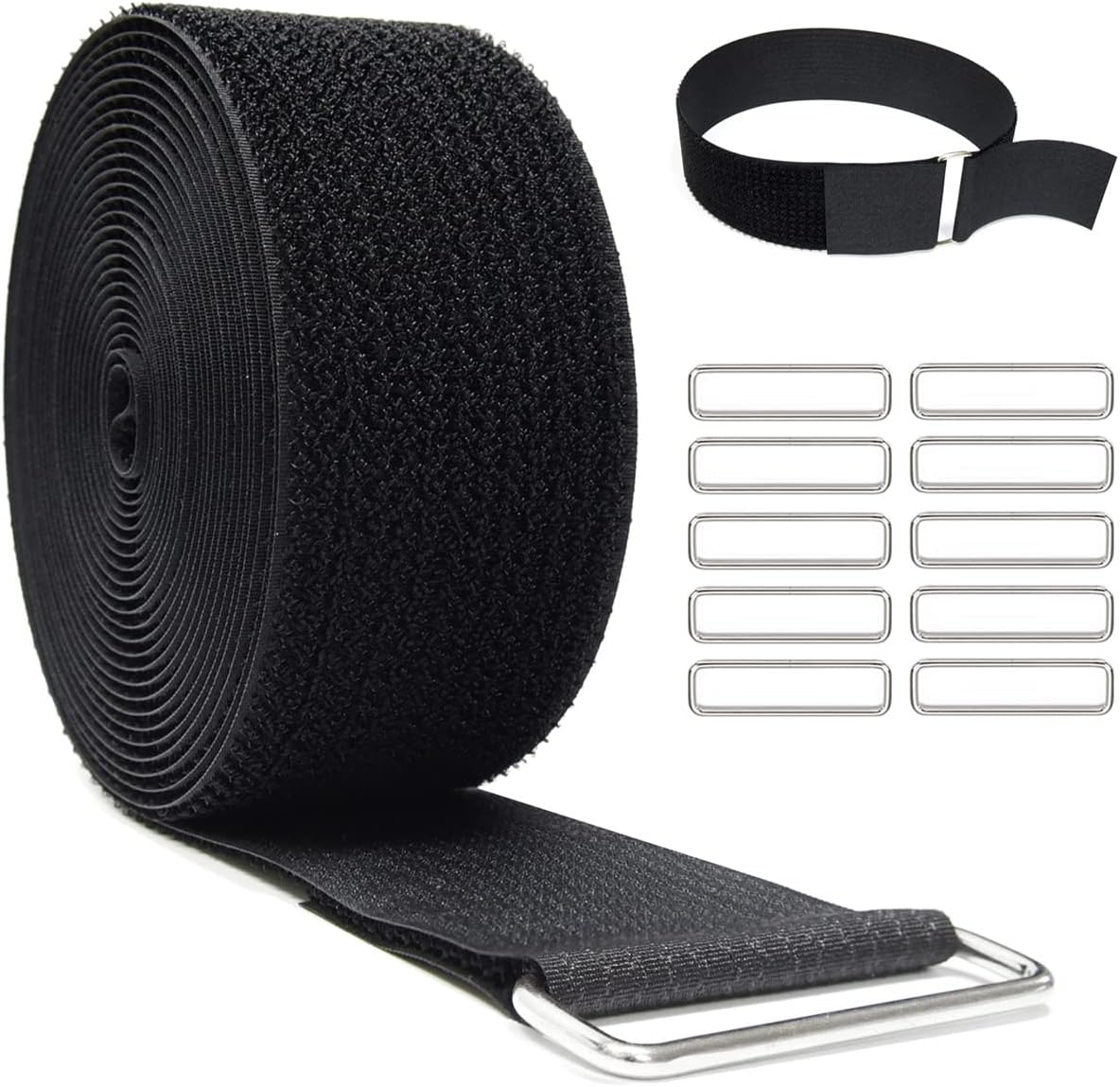 2"x16ft Reusable Cinch Strap with 10 Metal Buckles, Cut-to-Length Fastening Securing Straps, Adjustable Nylon Cable Straps and Cord Ties for Organizer or Storage, 2 inch Wide, Black-VerdiqueGarden