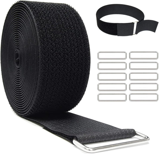 2"x16ft Reusable Cinch Strap with 10 Metal Buckles, Cut-to-Length Fastening Securing Straps, Adjustable Nylon Cable Straps and Cord Ties for Organizer or Storage, 2 inch Wide, Black-VerdiqueGarden