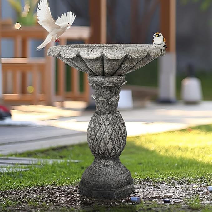 SunJet 24.8 Inch Heigh Concrete Bird Bath with Pineapple Texture – birdbath Sturdy & Elegant Design, Vintage Freestanding Style, Attracts Birds and Enhances Garden, Patio, Yard, Lawn Décor-VerdiqueGarden